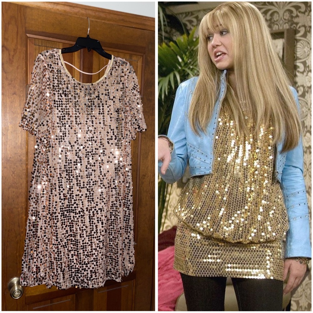 Tan and gold sequin dress with a glam, boho and retro vibe